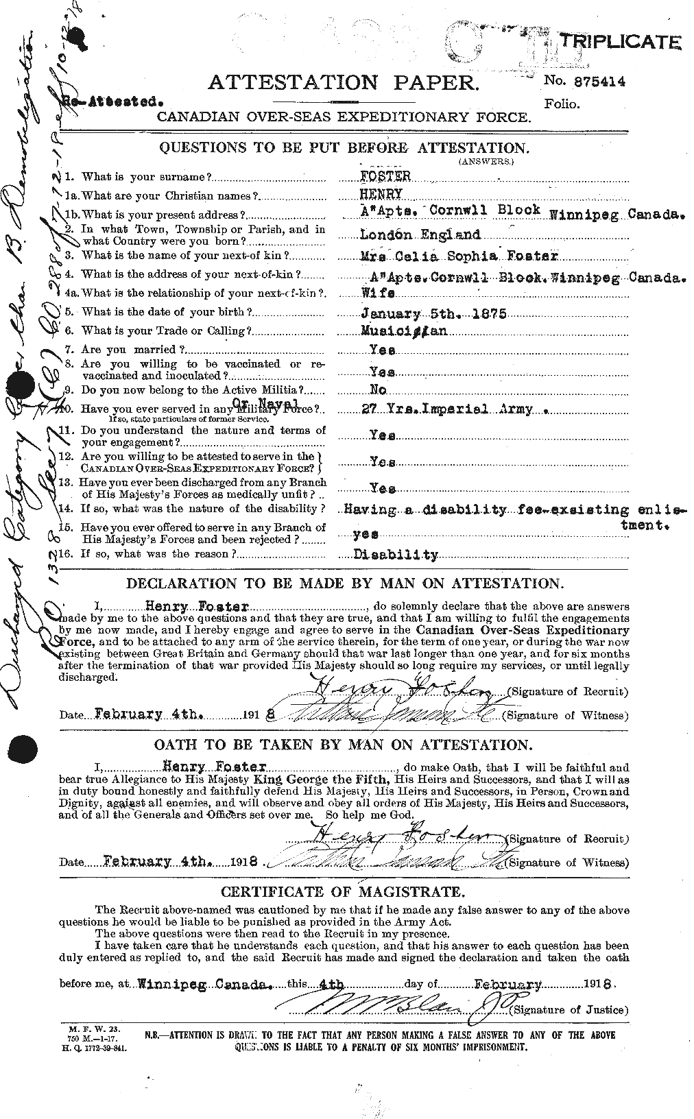 Dossiers du Personnel de la Première Guerre mondiale - CEC 333238a