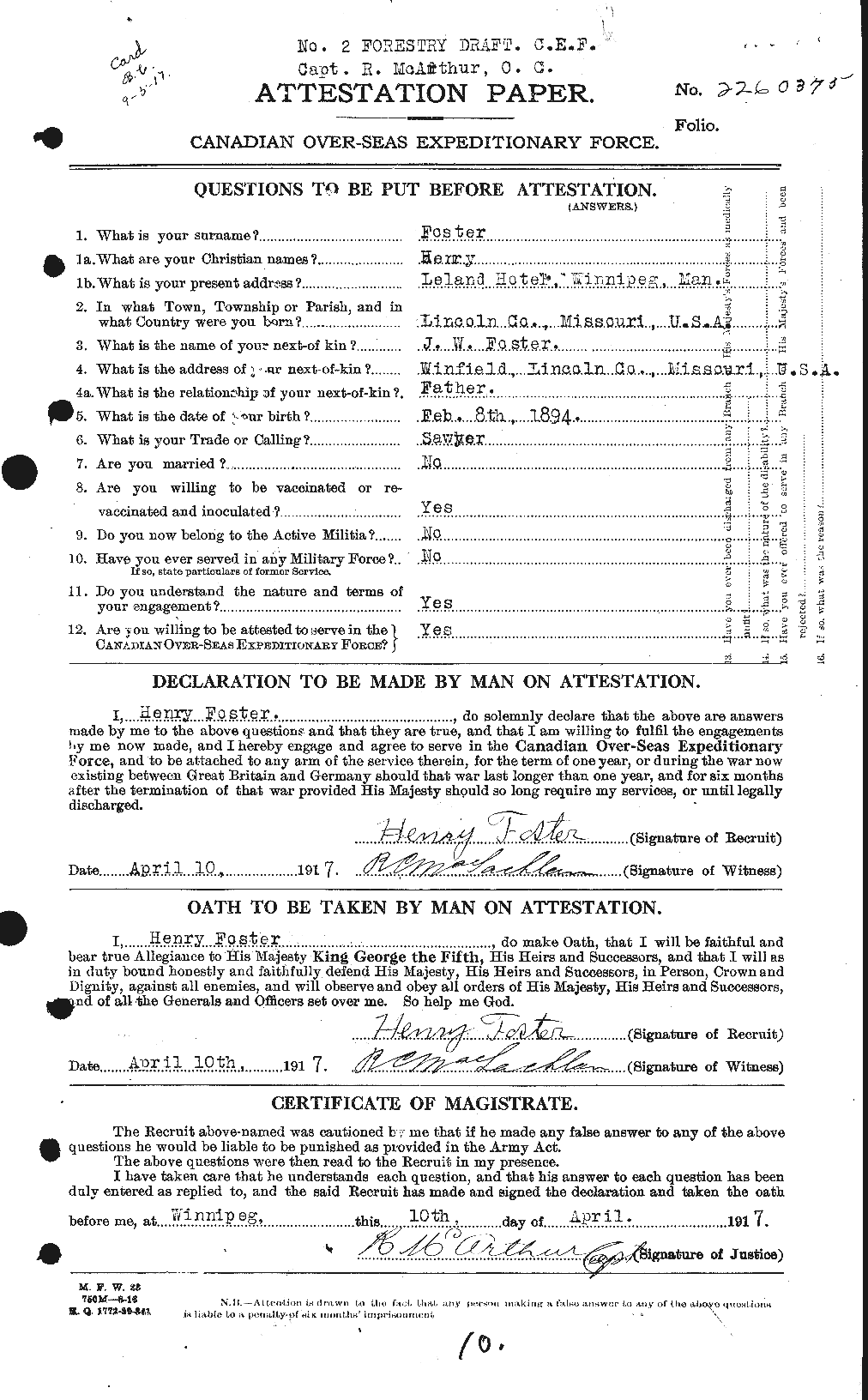 Dossiers du Personnel de la Première Guerre mondiale - CEC 333242a