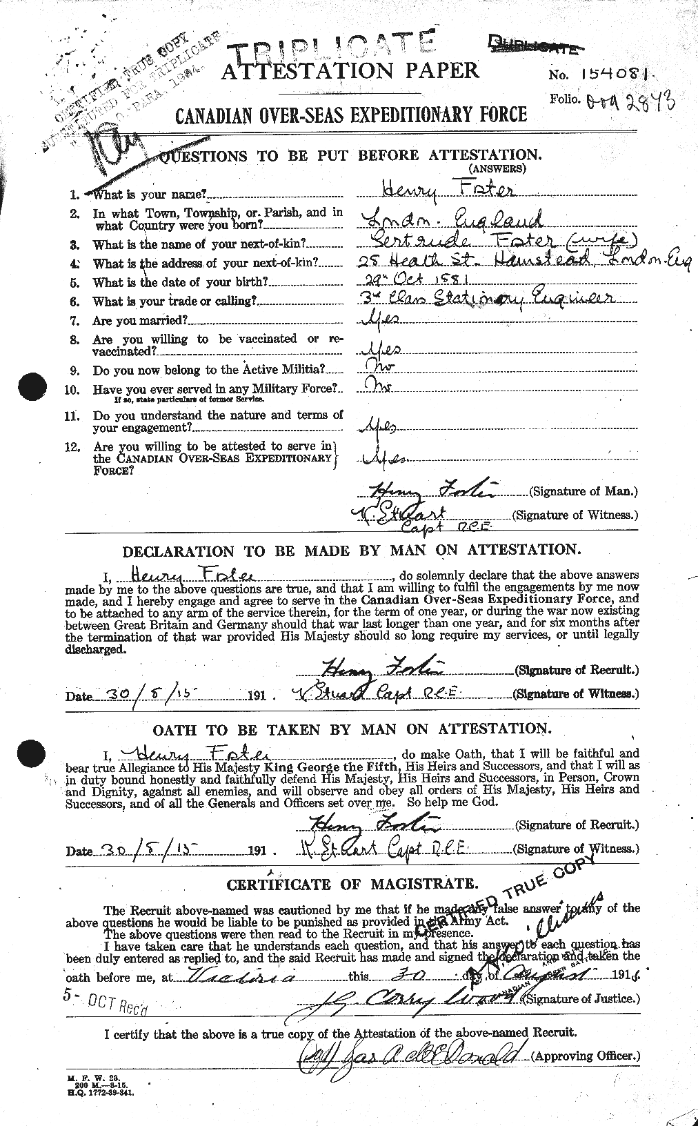 Dossiers du Personnel de la Première Guerre mondiale - CEC 333245a