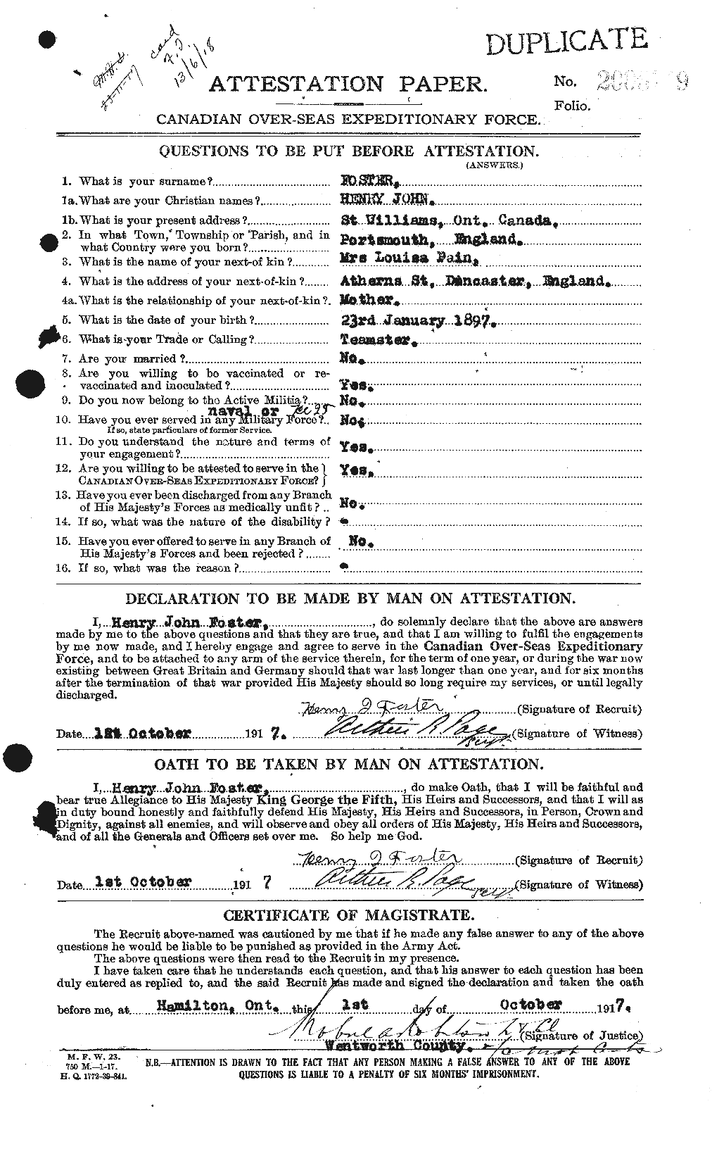 Dossiers du Personnel de la Première Guerre mondiale - CEC 333249a