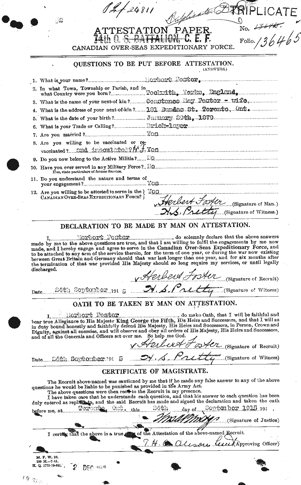 Dossiers du Personnel de la Première Guerre mondiale - CEC 333251a