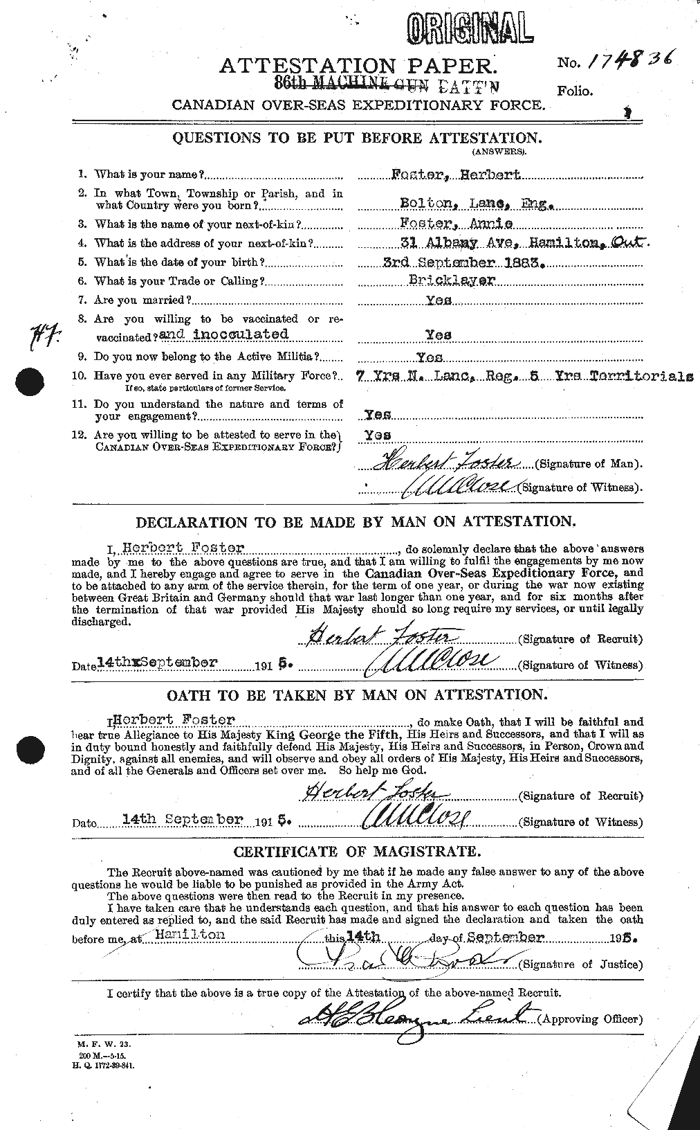 Dossiers du Personnel de la Première Guerre mondiale - CEC 333252a