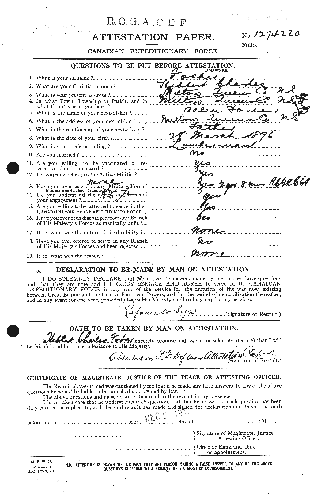 Dossiers du Personnel de la Première Guerre mondiale - CEC 333256a