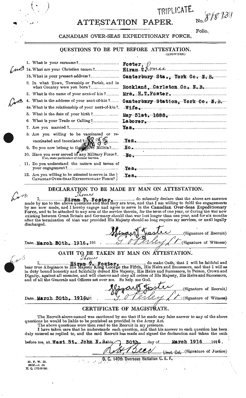 Dossiers du Personnel de la Première Guerre mondiale - CEC 333264a