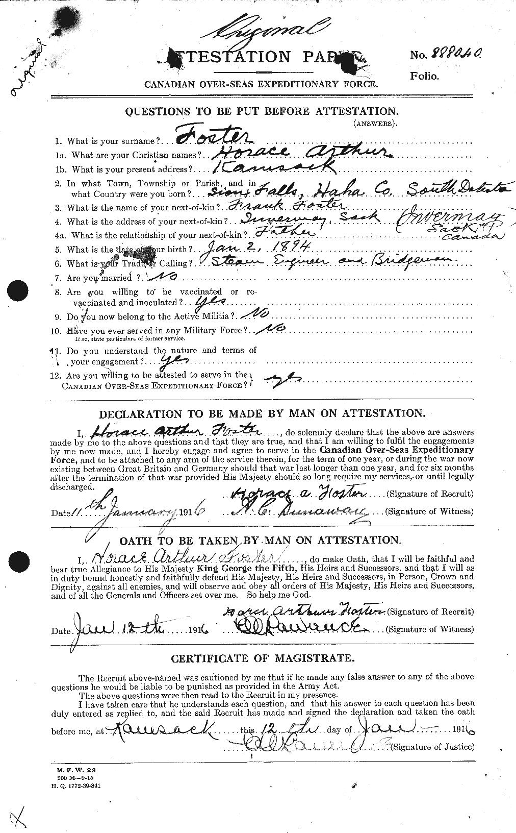Dossiers du Personnel de la Première Guerre mondiale - CEC 333265a