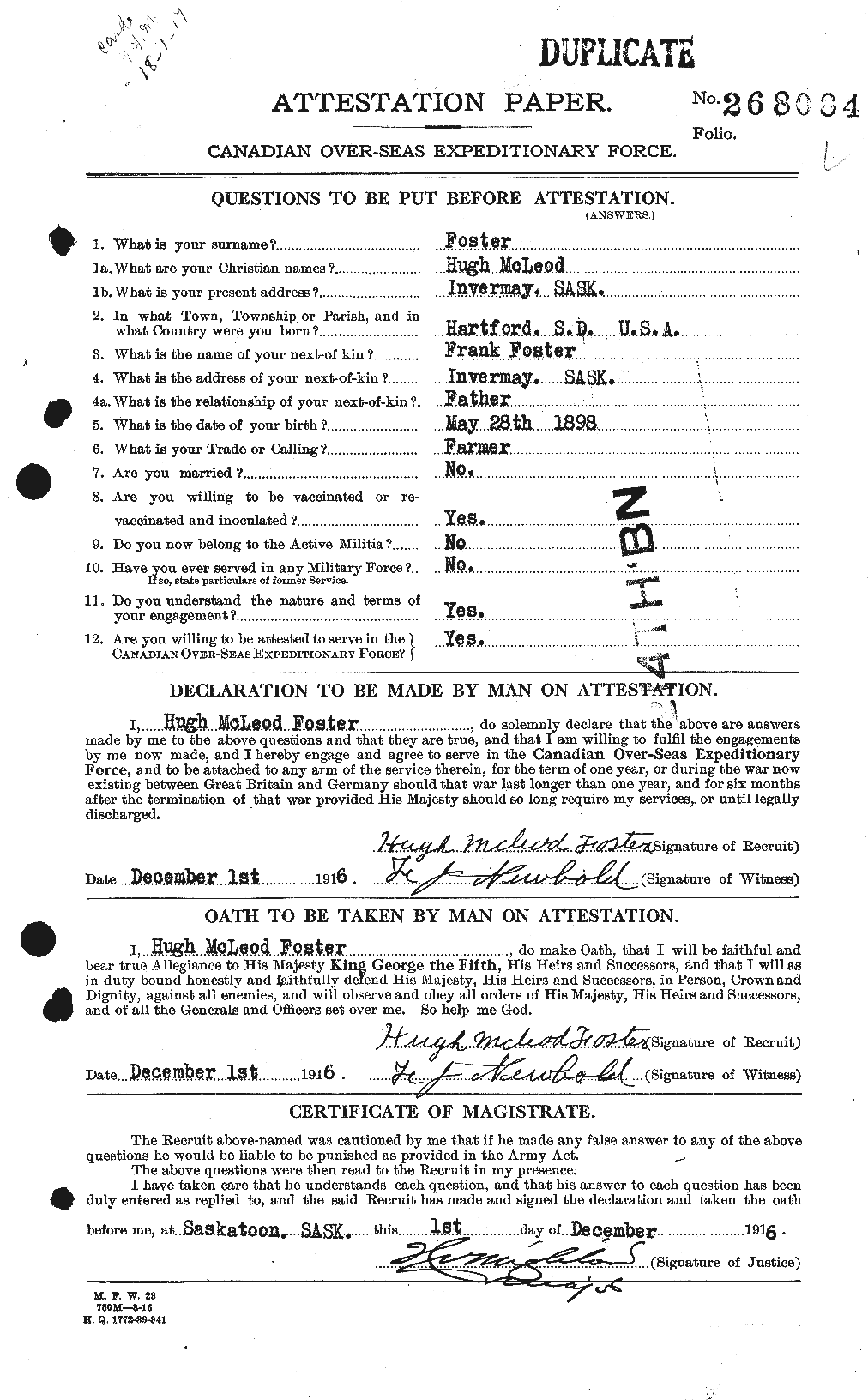 Dossiers du Personnel de la Première Guerre mondiale - CEC 333268a