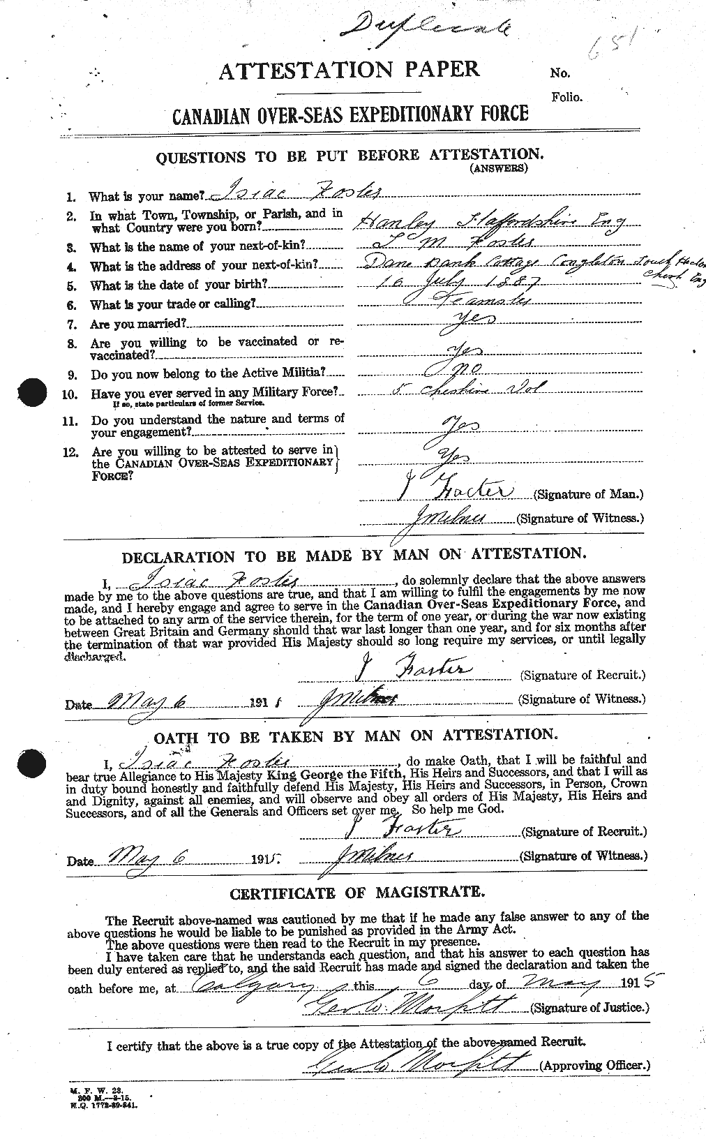 Dossiers du Personnel de la Première Guerre mondiale - CEC 333270a