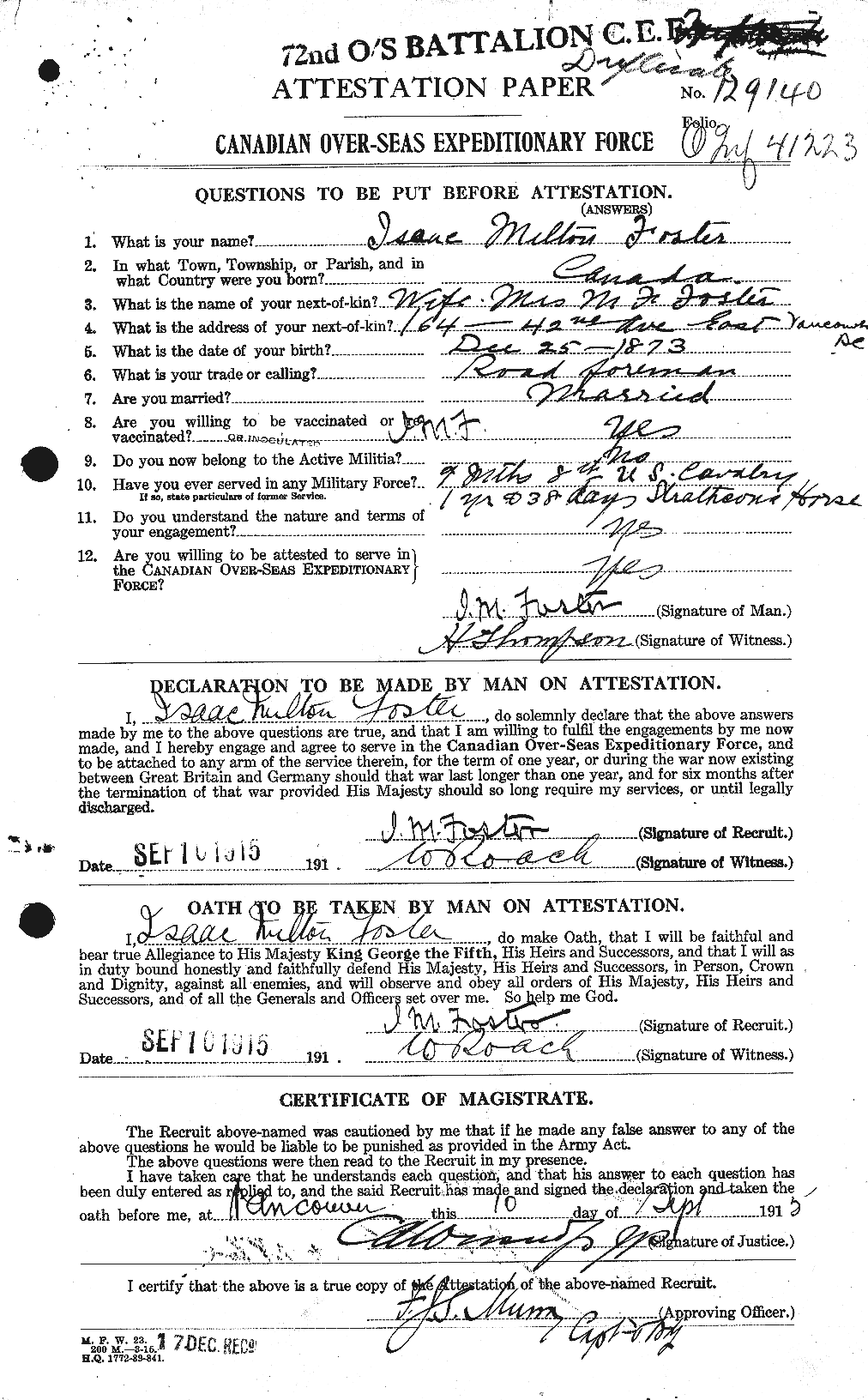 Dossiers du Personnel de la Première Guerre mondiale - CEC 333271a