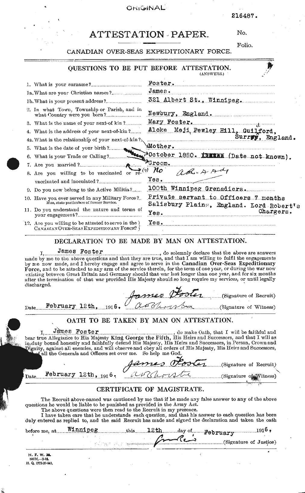 Dossiers du Personnel de la Première Guerre mondiale - CEC 333280a