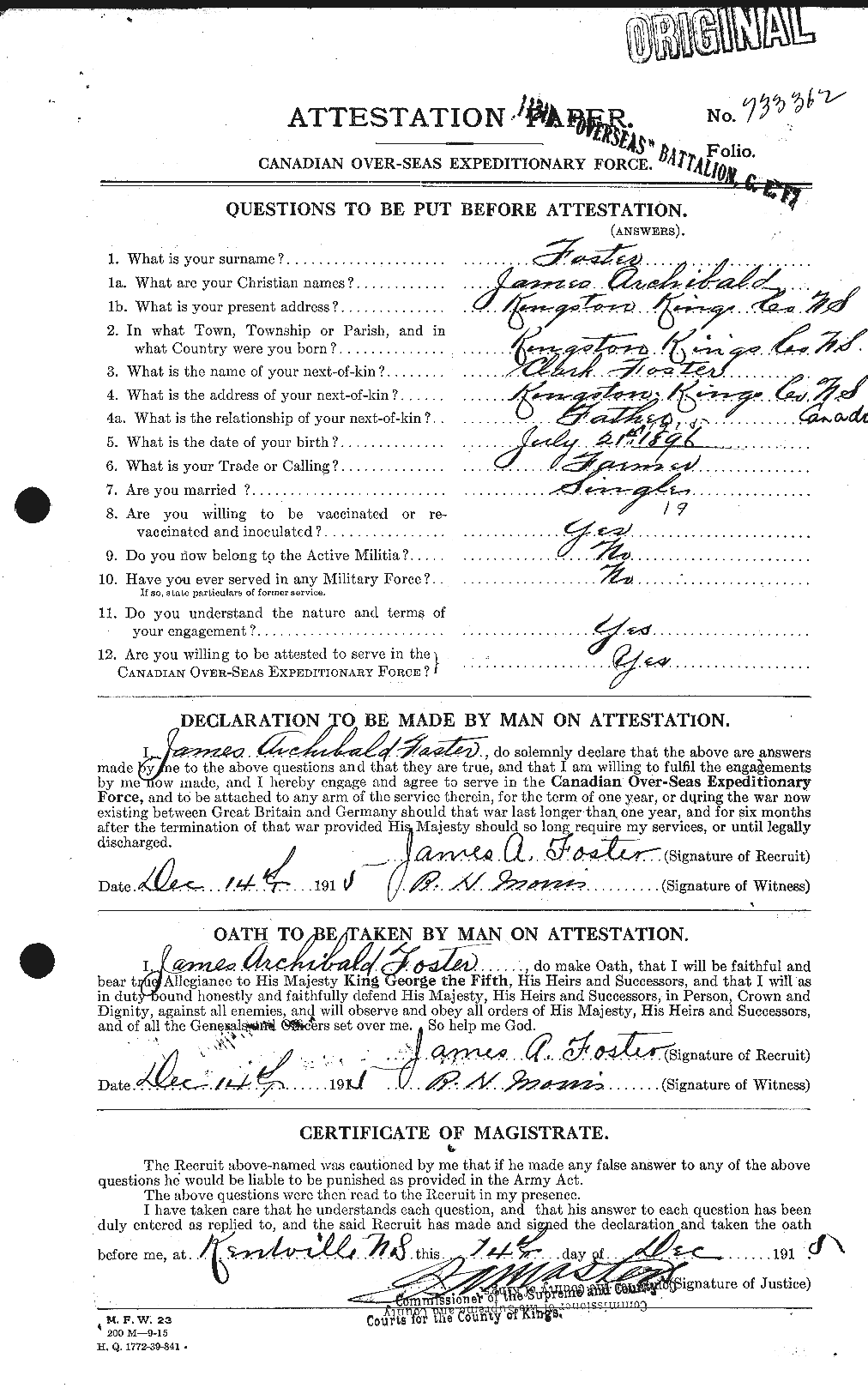 Dossiers du Personnel de la Première Guerre mondiale - CEC 333297a