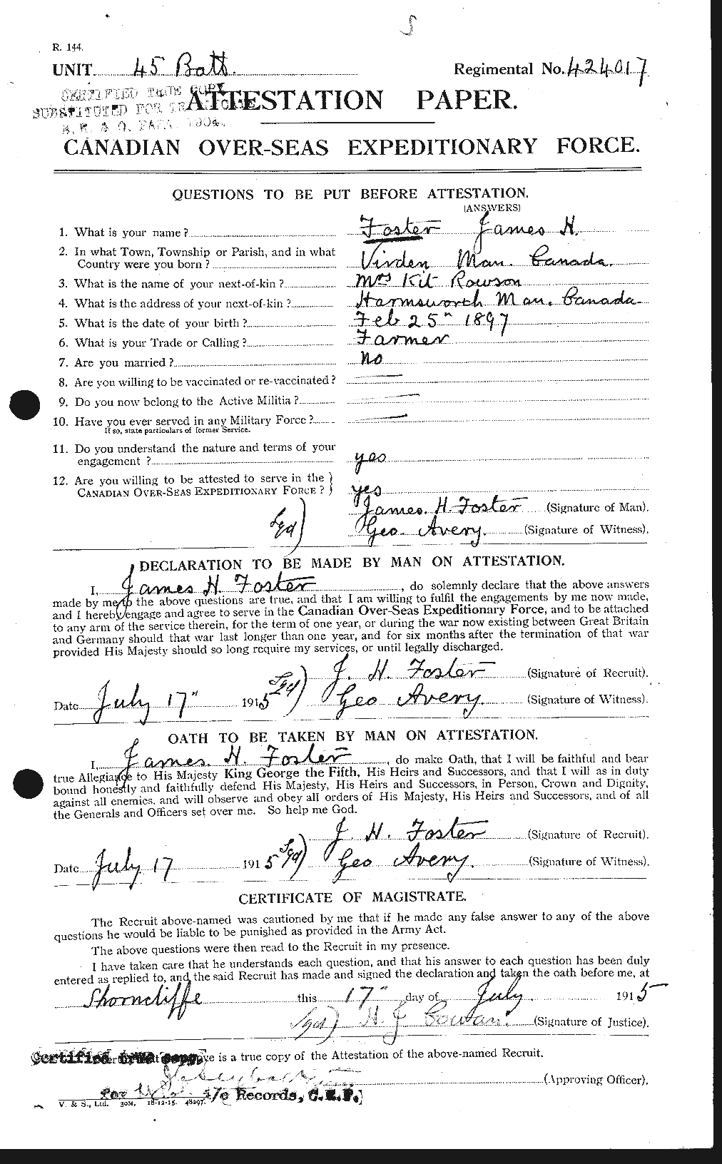 Dossiers du Personnel de la Première Guerre mondiale - CEC 333305a