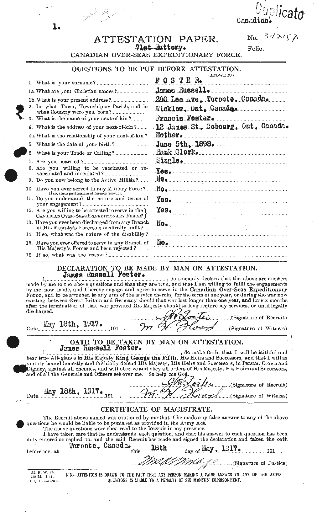 Dossiers du Personnel de la Première Guerre mondiale - CEC 333317a