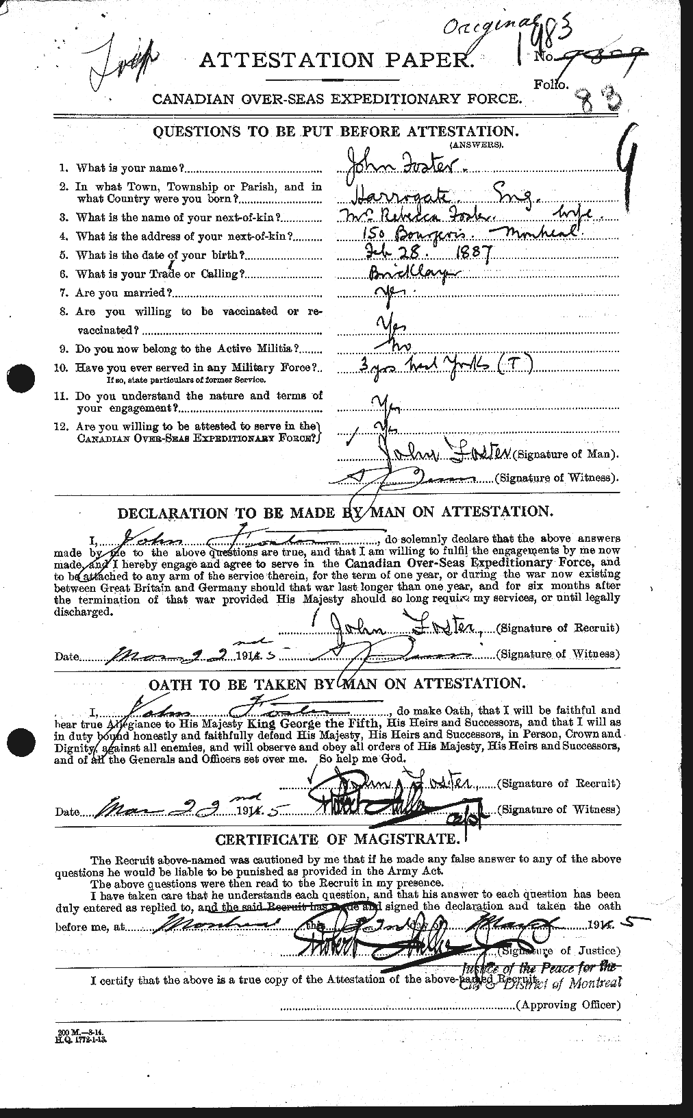 Dossiers du Personnel de la Première Guerre mondiale - CEC 333333a