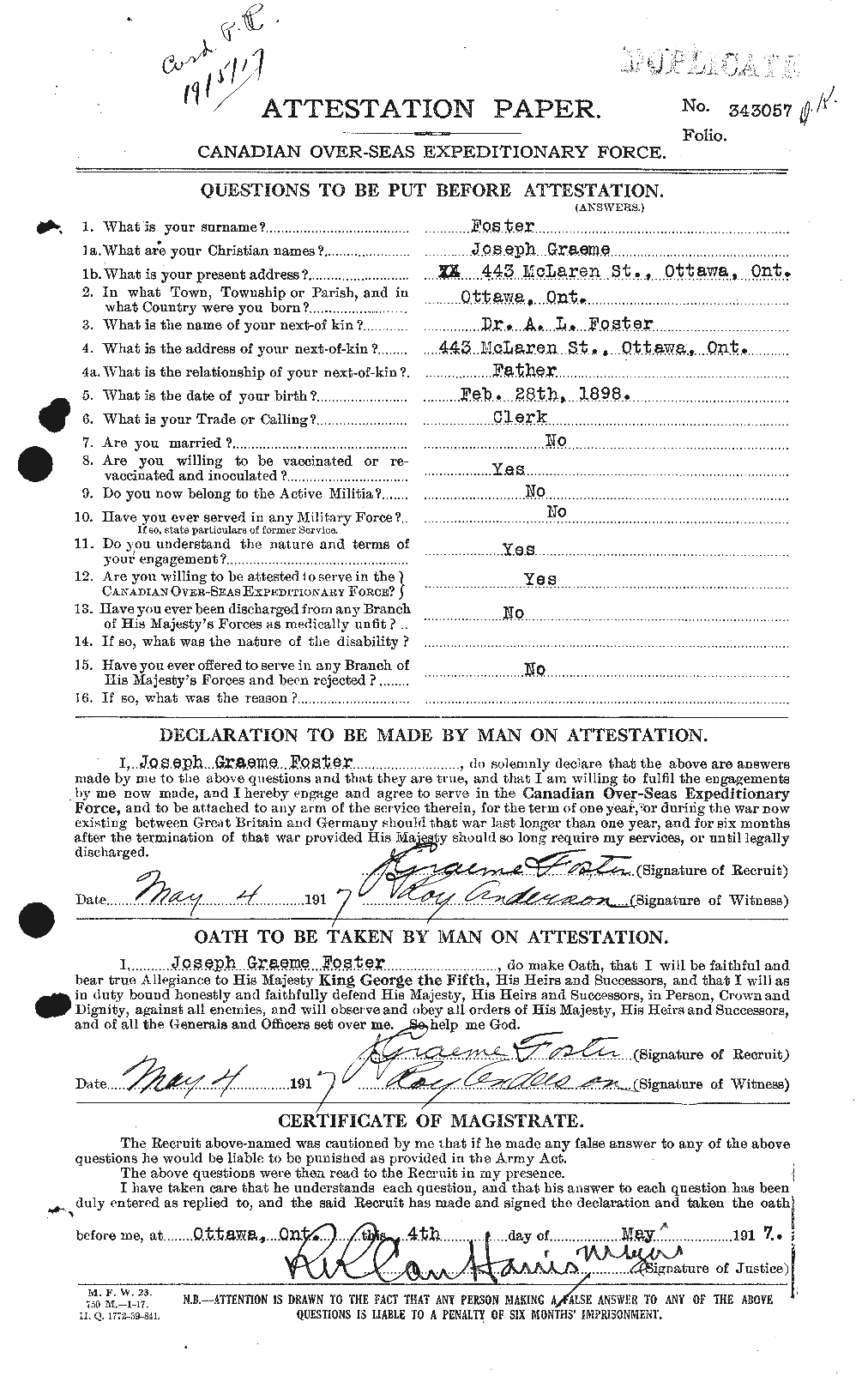 Dossiers du Personnel de la Première Guerre mondiale - CEC 333386a