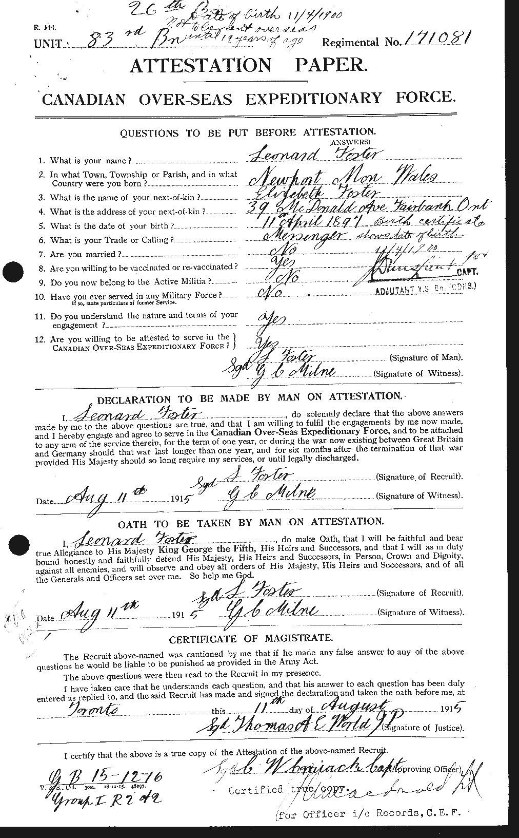 Dossiers du Personnel de la Première Guerre mondiale - CEC 333399a