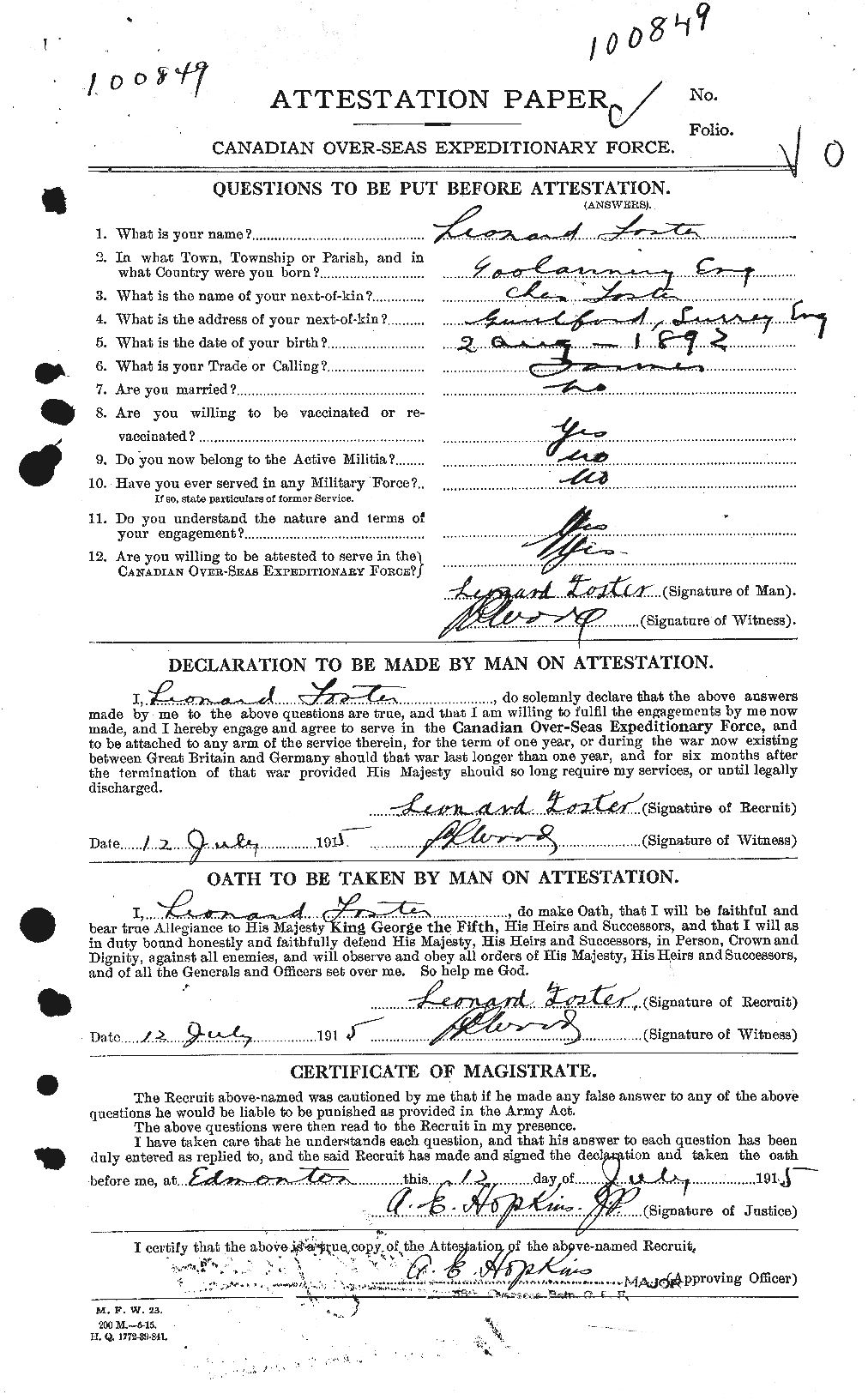 Dossiers du Personnel de la Première Guerre mondiale - CEC 333400a