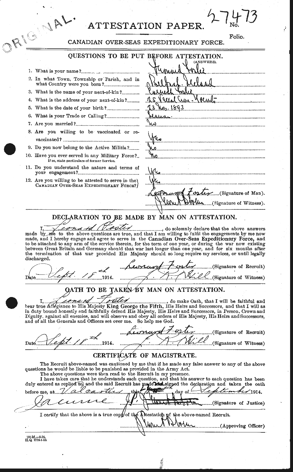 Dossiers du Personnel de la Première Guerre mondiale - CEC 333402a