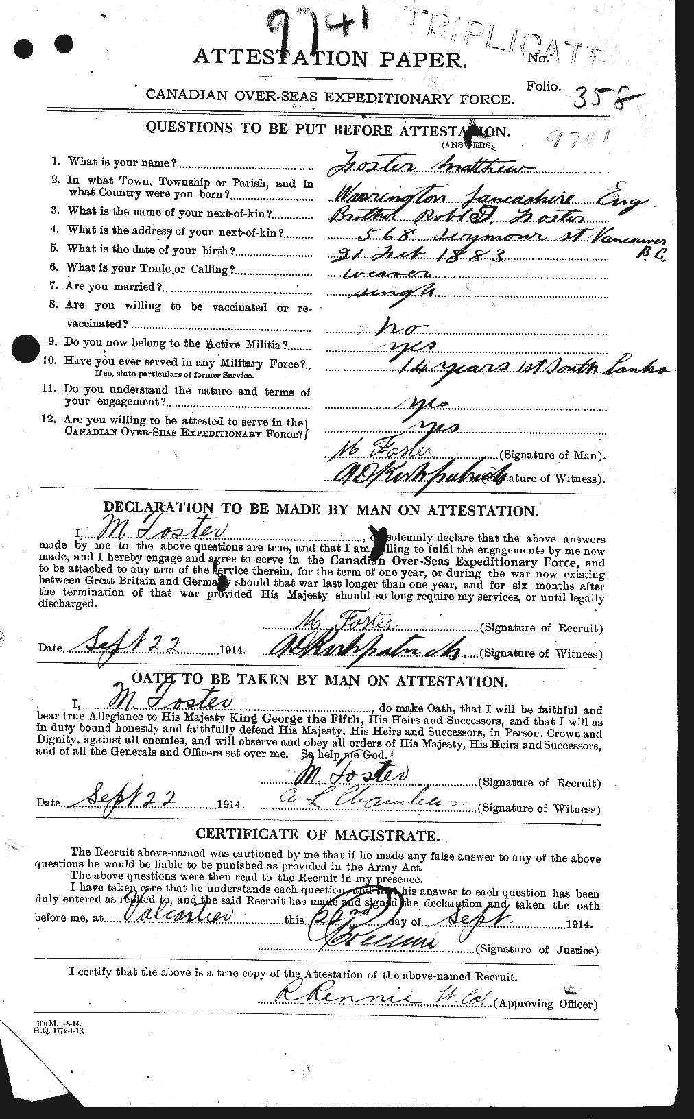 Dossiers du Personnel de la Première Guerre mondiale - CEC 333421a