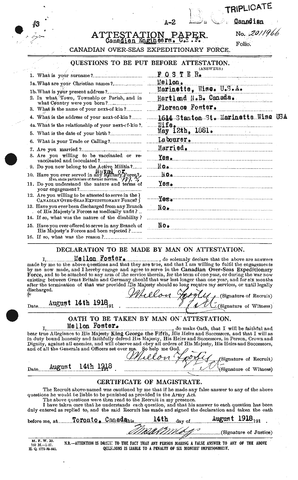 Dossiers du Personnel de la Première Guerre mondiale - CEC 333425a