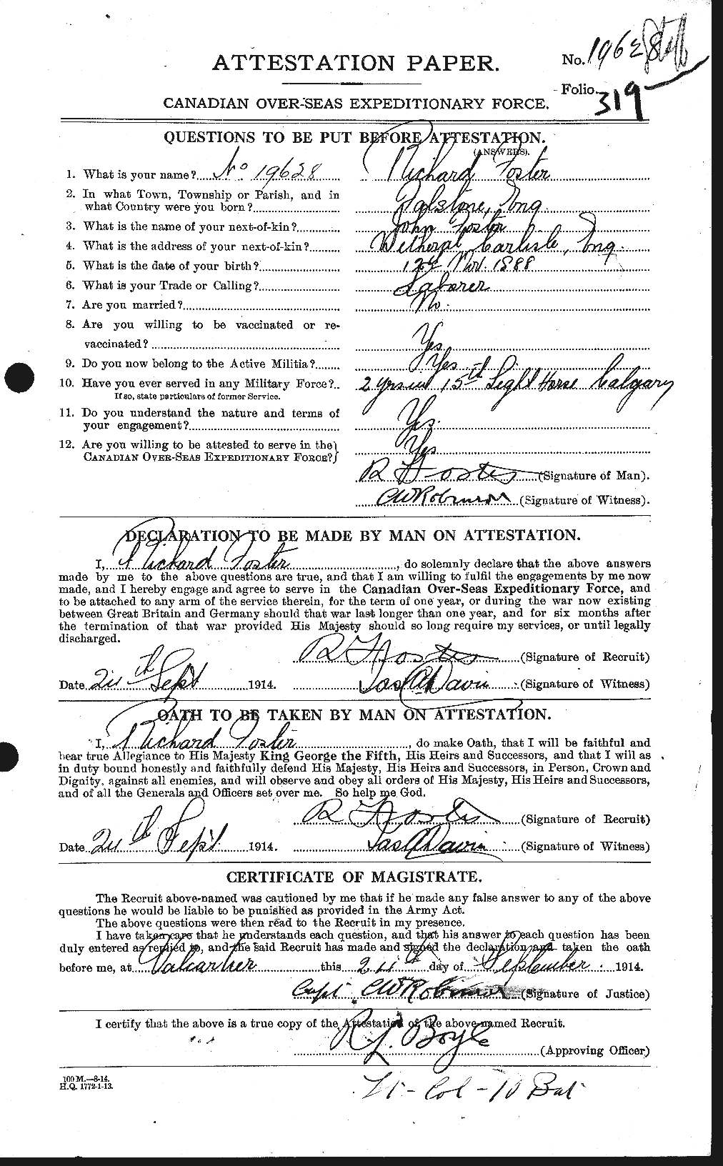 Dossiers du Personnel de la Première Guerre mondiale - CEC 335156a