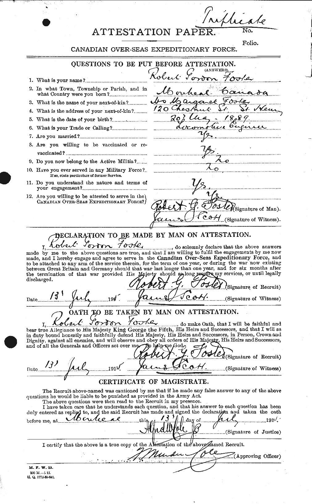 Dossiers du Personnel de la Première Guerre mondiale - CEC 335175a