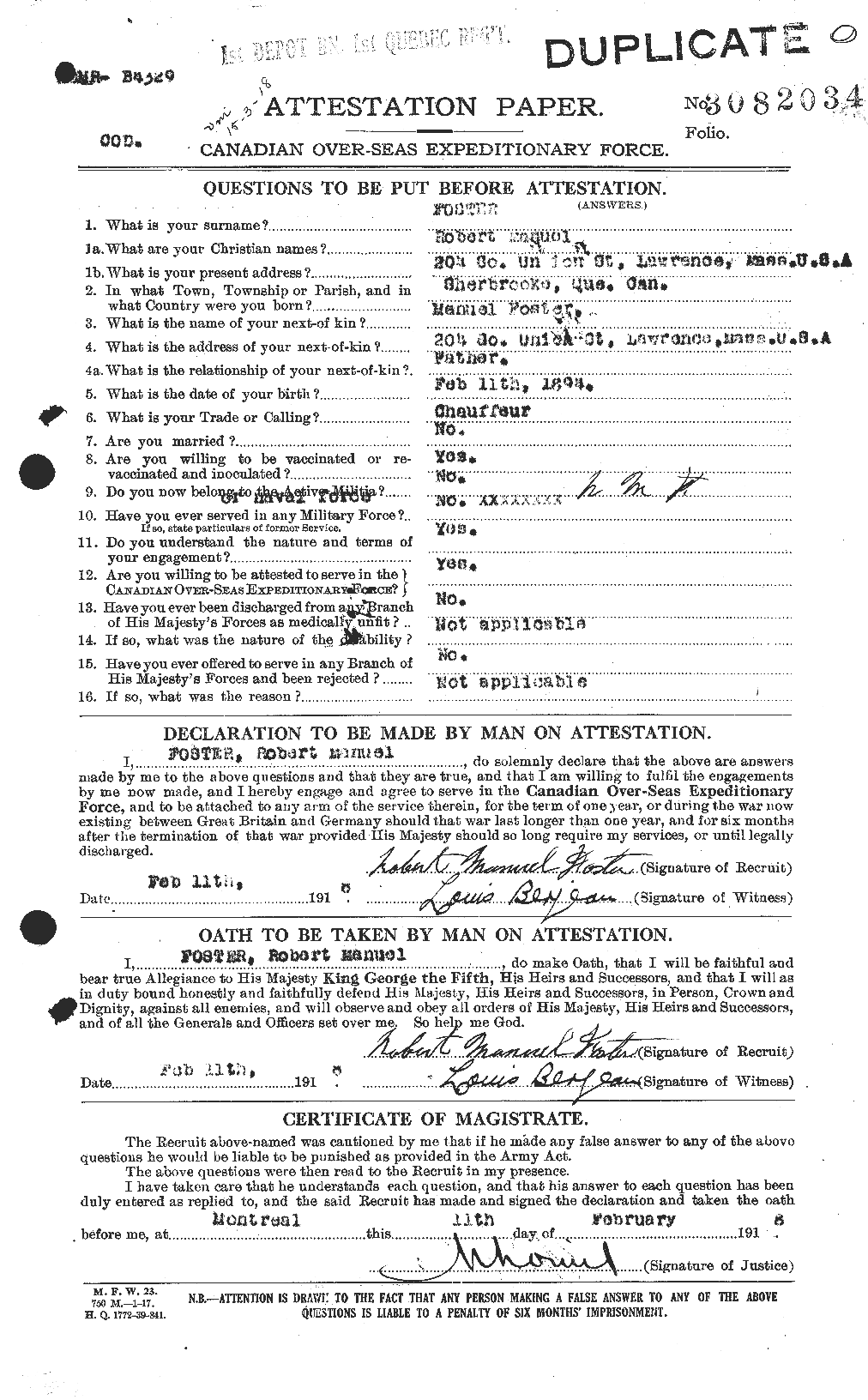 Dossiers du Personnel de la Première Guerre mondiale - CEC 335181a