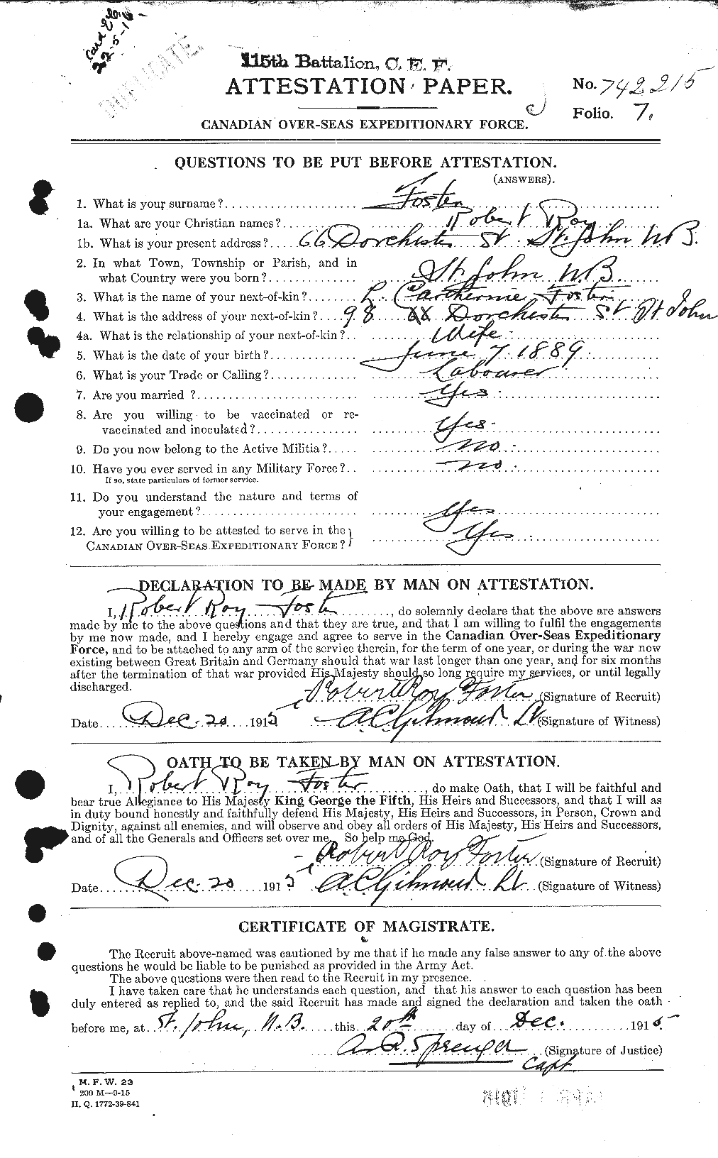 Dossiers du Personnel de la Première Guerre mondiale - CEC 335186a