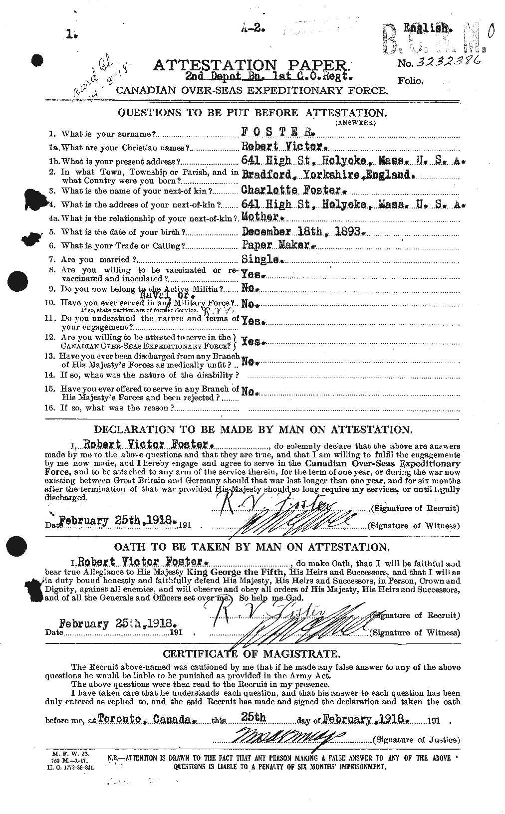 Dossiers du Personnel de la Première Guerre mondiale - CEC 335188a