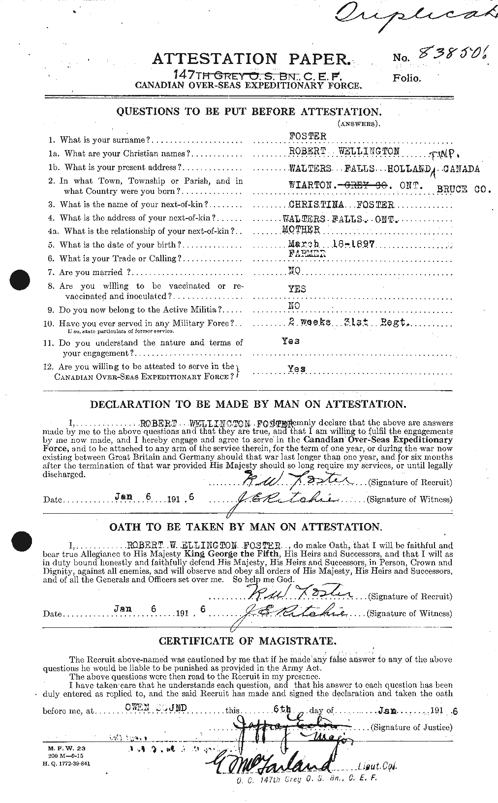 Dossiers du Personnel de la Première Guerre mondiale - CEC 335189a