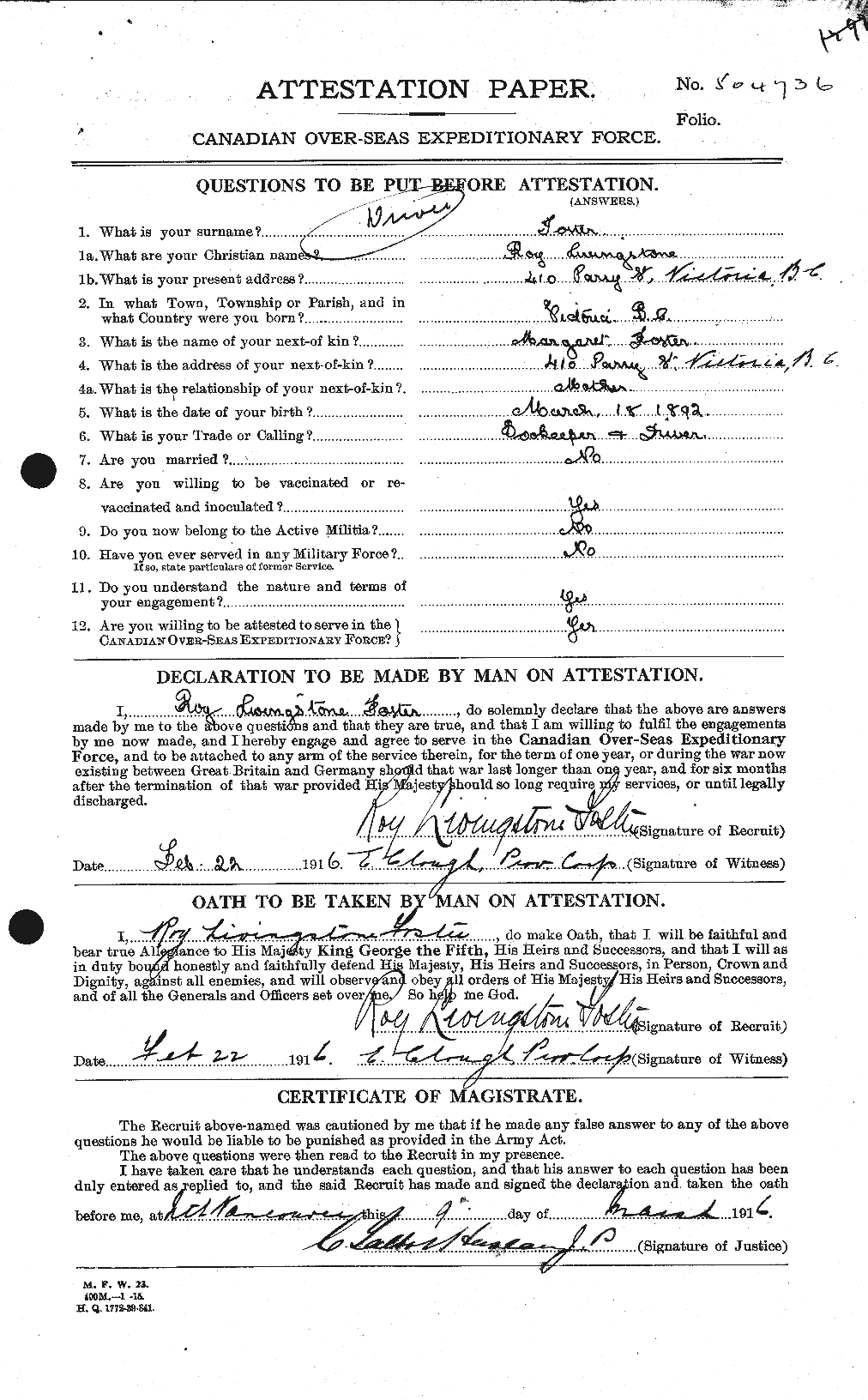 Dossiers du Personnel de la Première Guerre mondiale - CEC 335196a