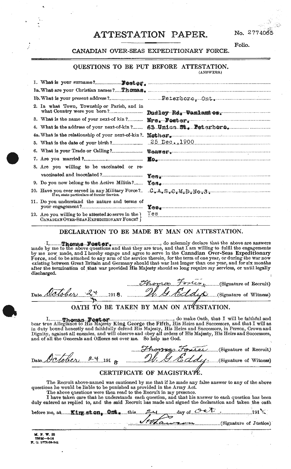 Dossiers du Personnel de la Première Guerre mondiale - CEC 335220a