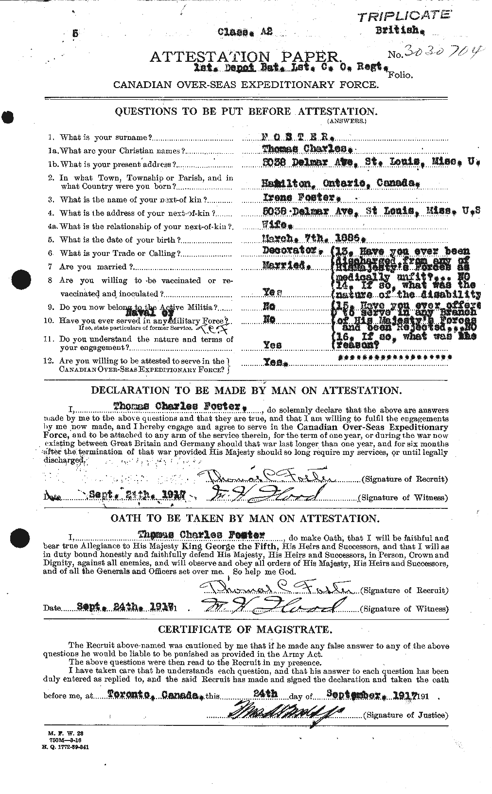 Dossiers du Personnel de la Première Guerre mondiale - CEC 335227a