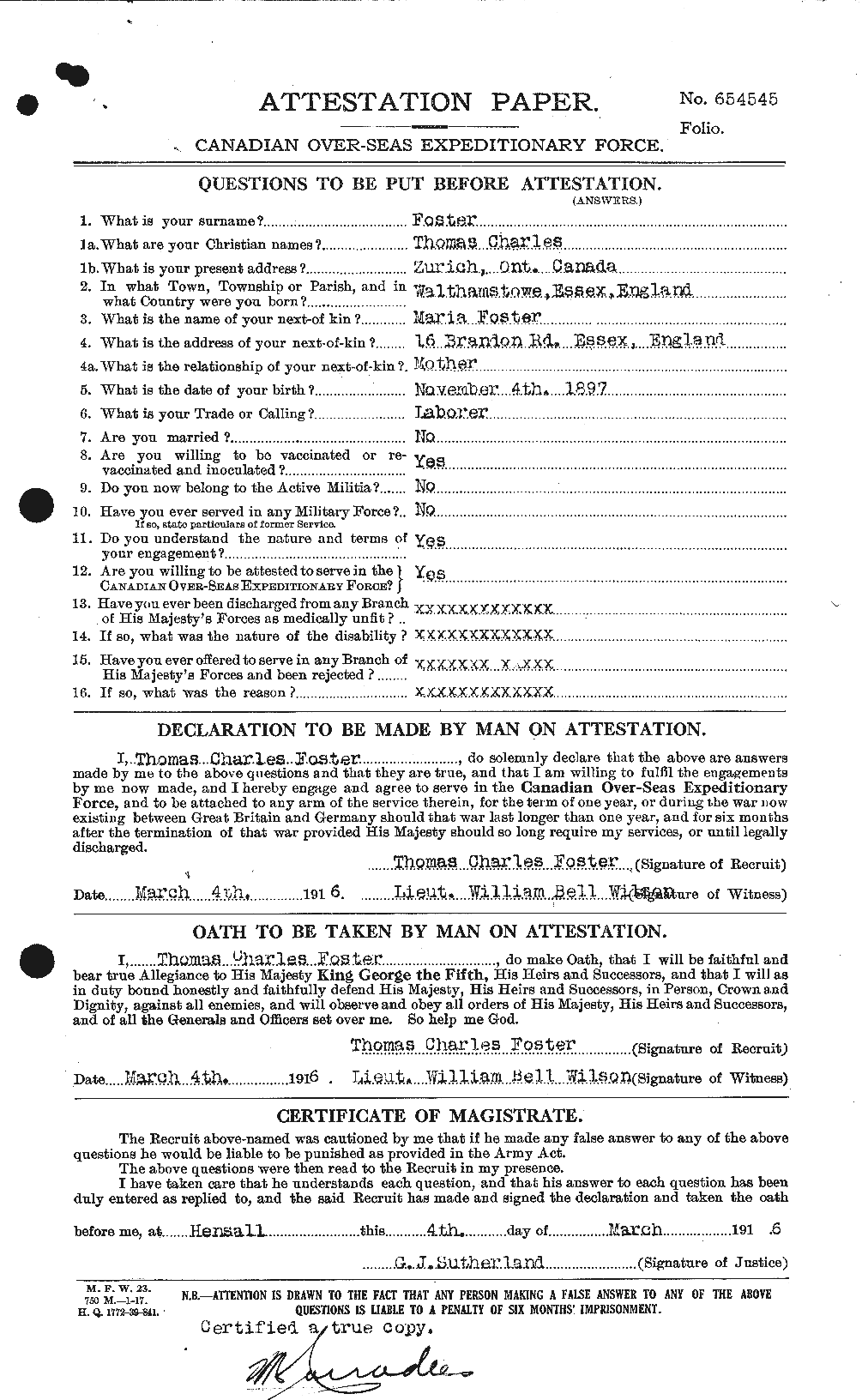 Dossiers du Personnel de la Première Guerre mondiale - CEC 335228a