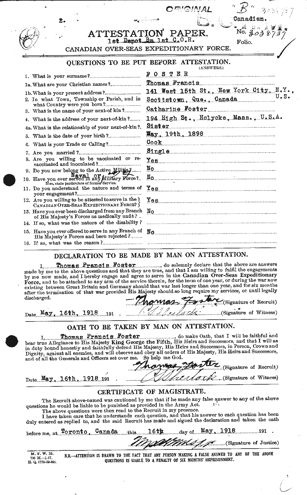 Dossiers du Personnel de la Première Guerre mondiale - CEC 335231a