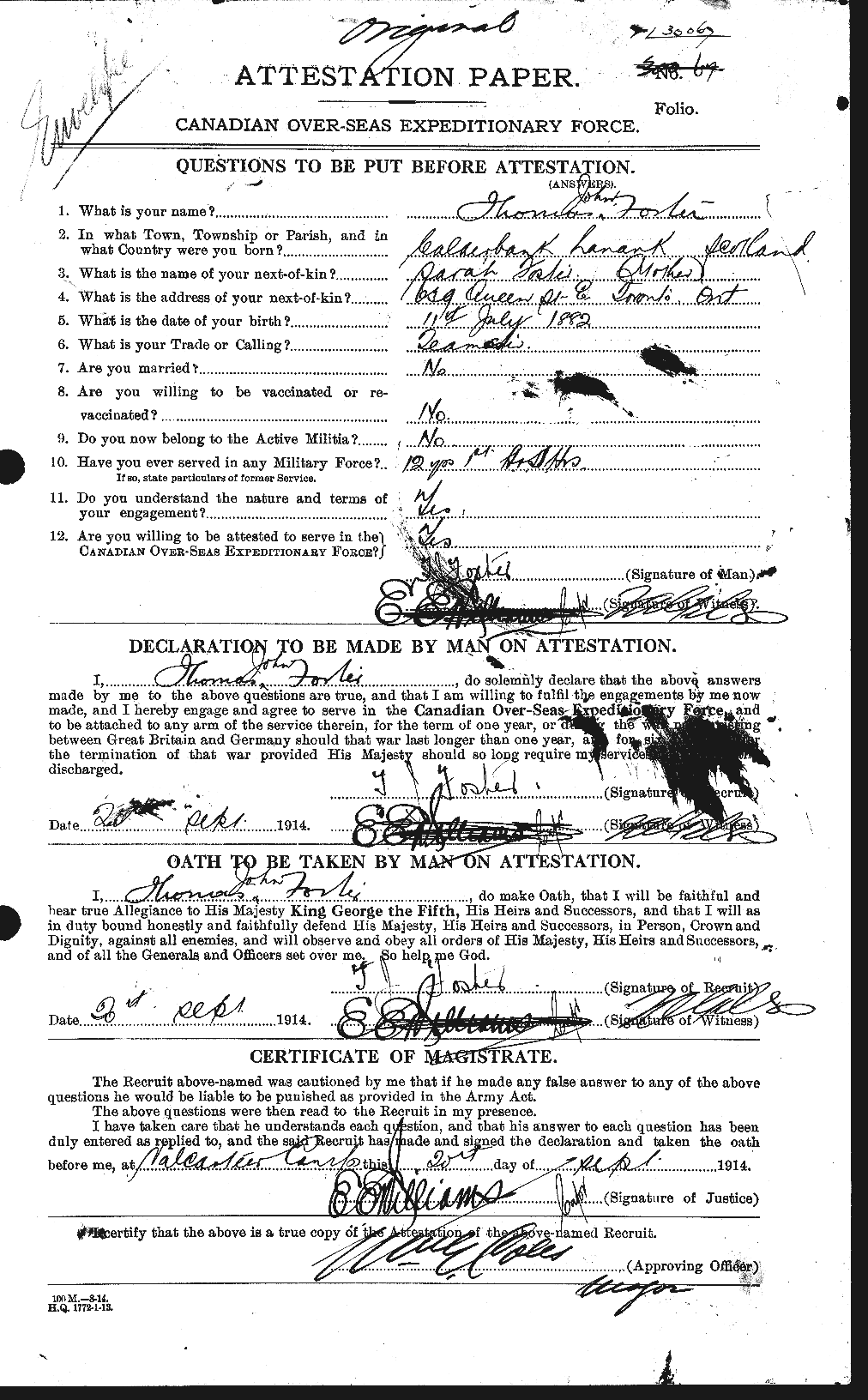 Dossiers du Personnel de la Première Guerre mondiale - CEC 335242a