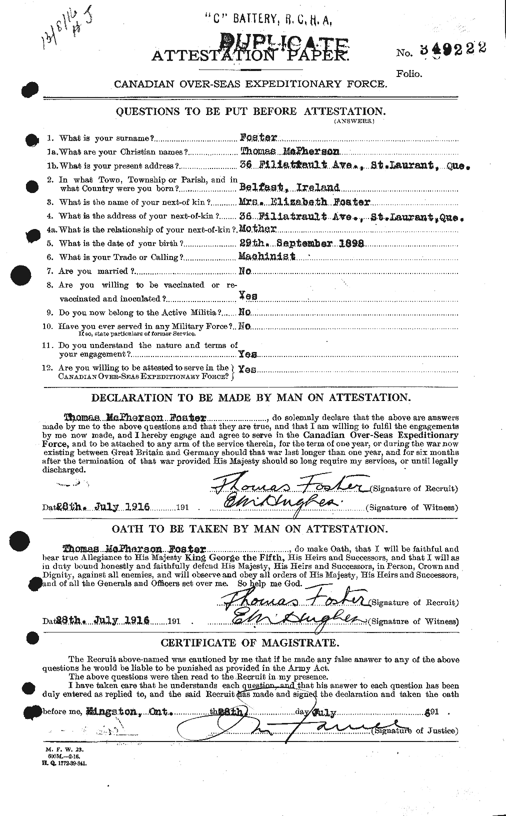 Dossiers du Personnel de la Première Guerre mondiale - CEC 335243a