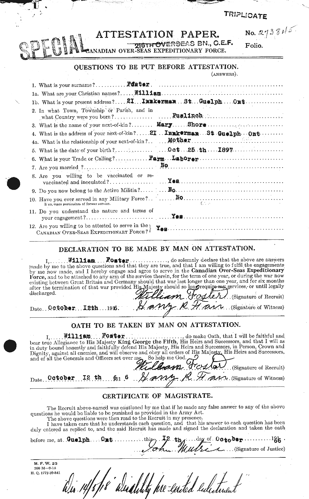 Dossiers du Personnel de la Première Guerre mondiale - CEC 335274a