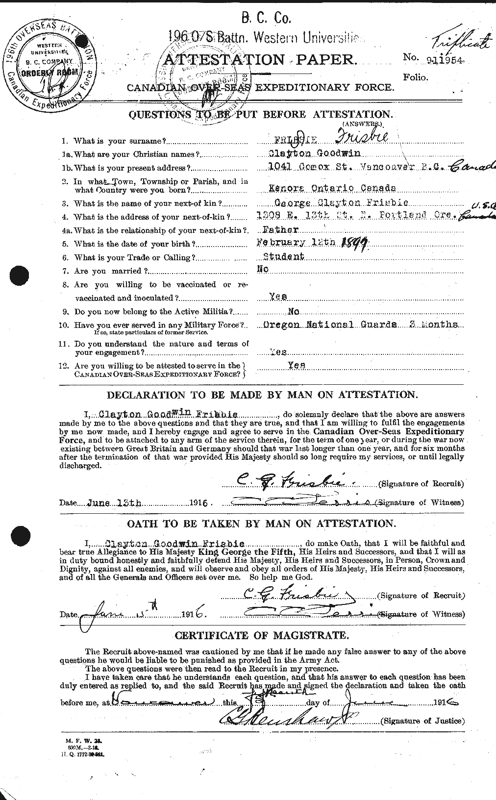 Dossiers du Personnel de la Première Guerre mondiale - CEC 337450a