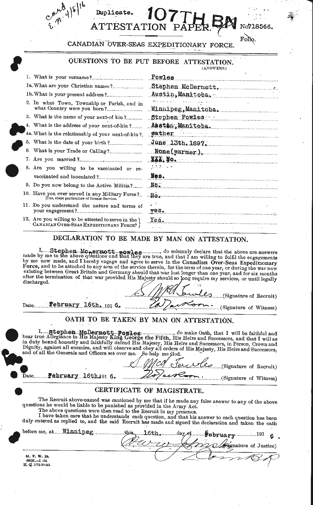 Dossiers du Personnel de la Première Guerre mondiale - CEC 338647a
