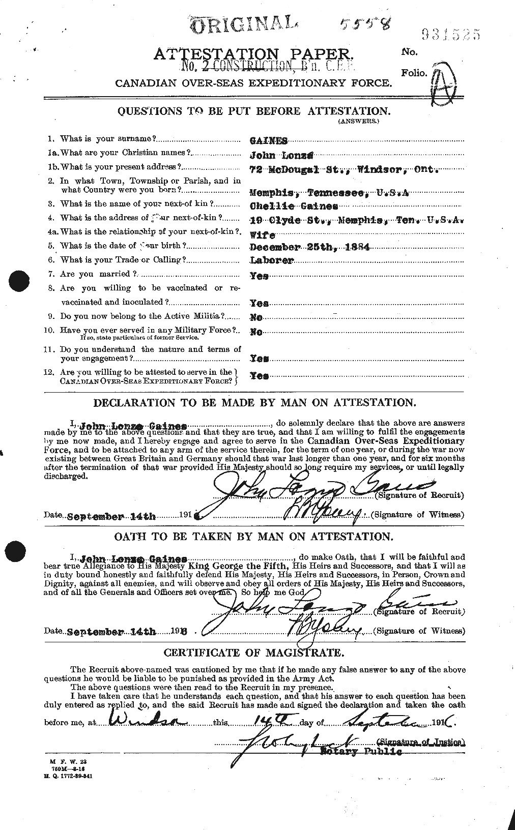 Dossiers du Personnel de la Première Guerre mondiale - CEC 341079a