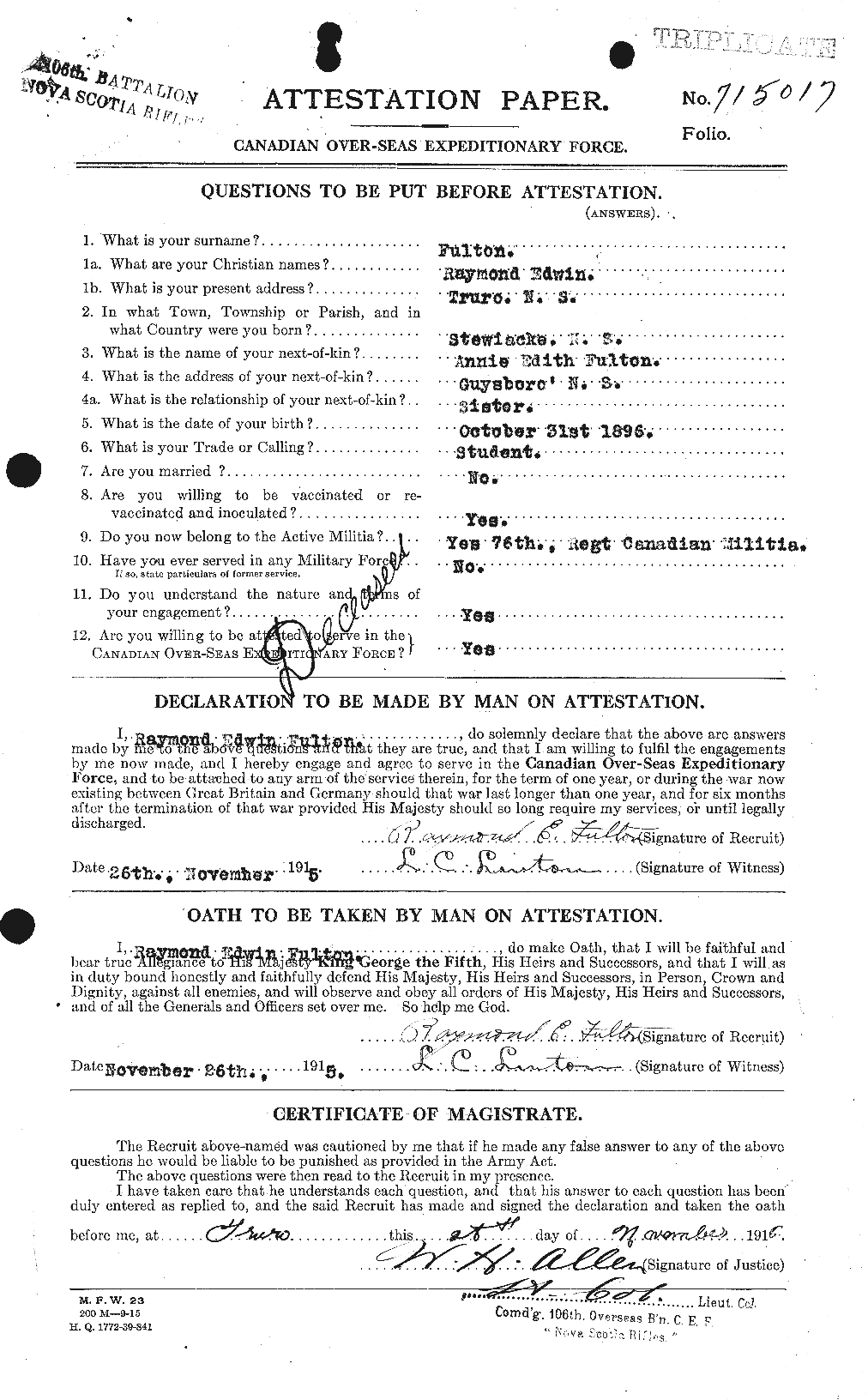 Dossiers du Personnel de la Première Guerre mondiale - CEC 341428a