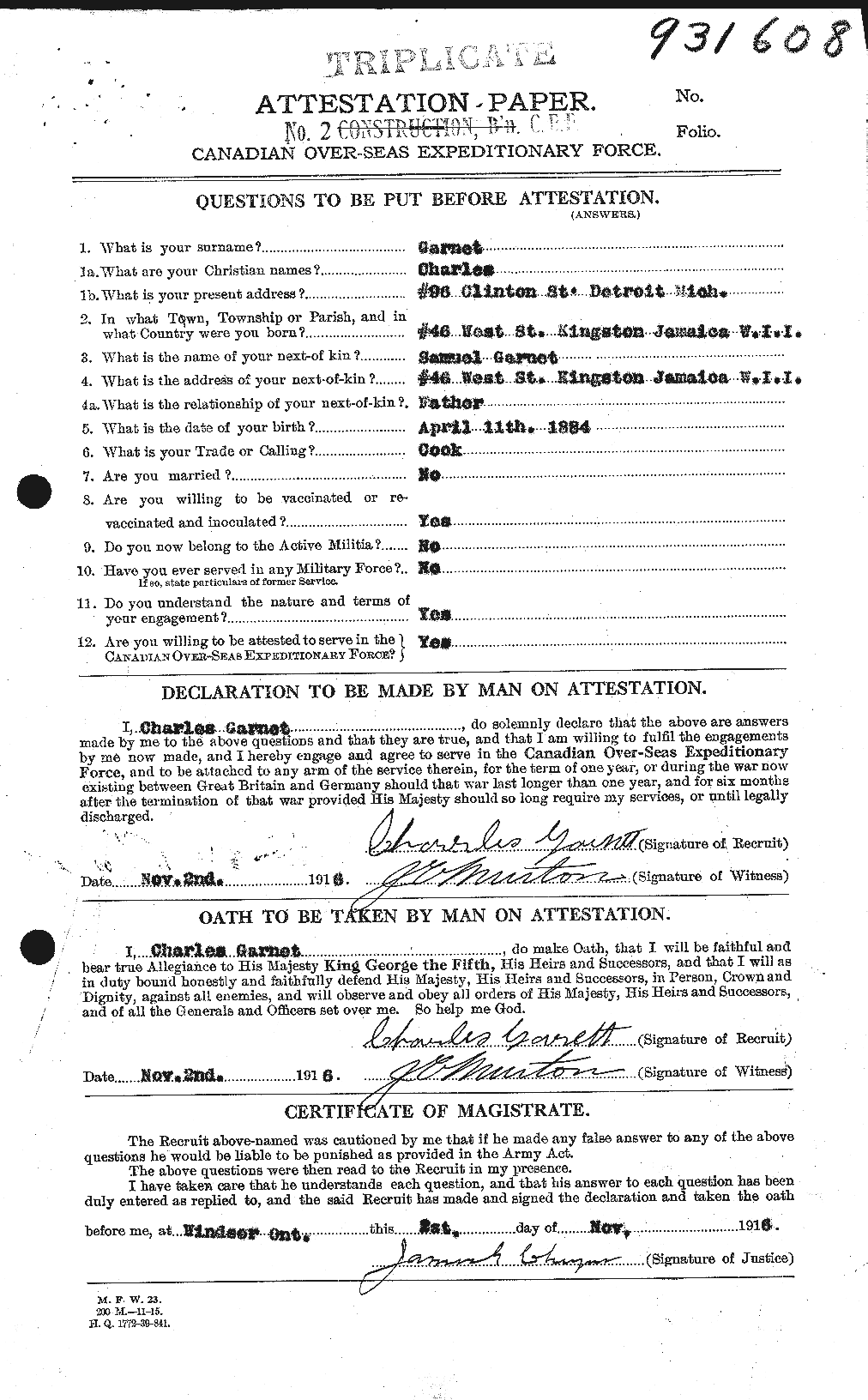 Dossiers du Personnel de la Première Guerre mondiale - CEC 341907a