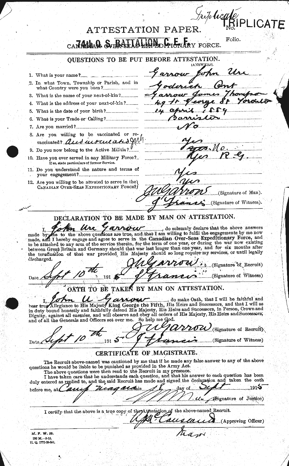 Dossiers du Personnel de la Première Guerre mondiale - CEC 343476a