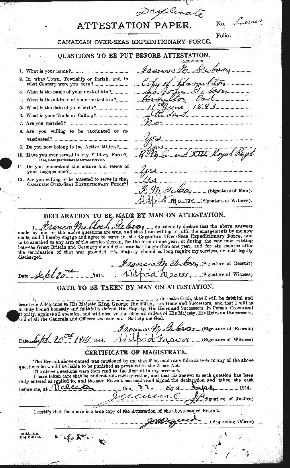 Dossiers du Personnel de la Première Guerre mondiale - CEC 347283a