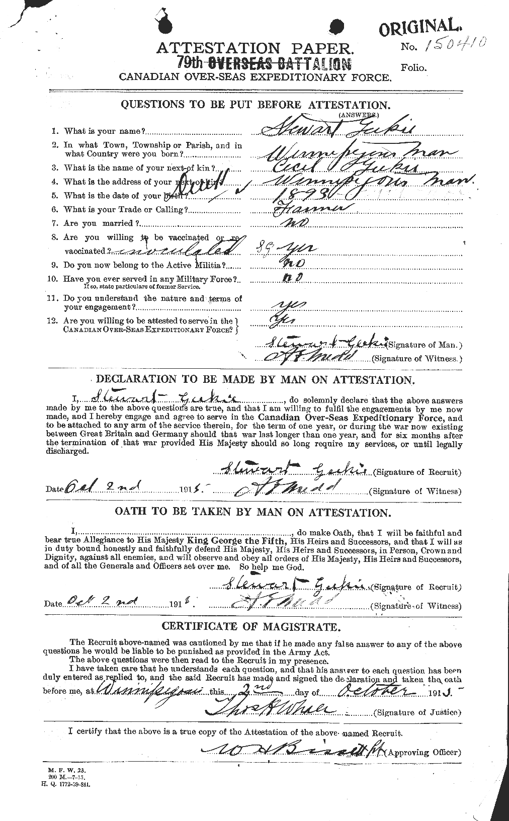 Dossiers du Personnel de la Première Guerre mondiale - CEC 347331a