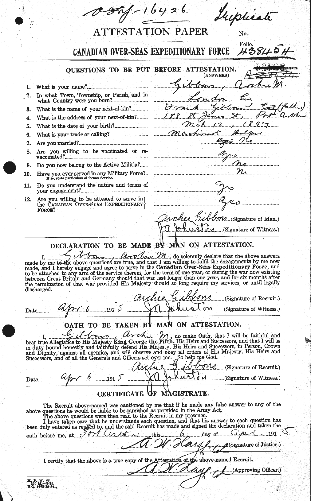 Dossiers du Personnel de la Première Guerre mondiale - CEC 347961a