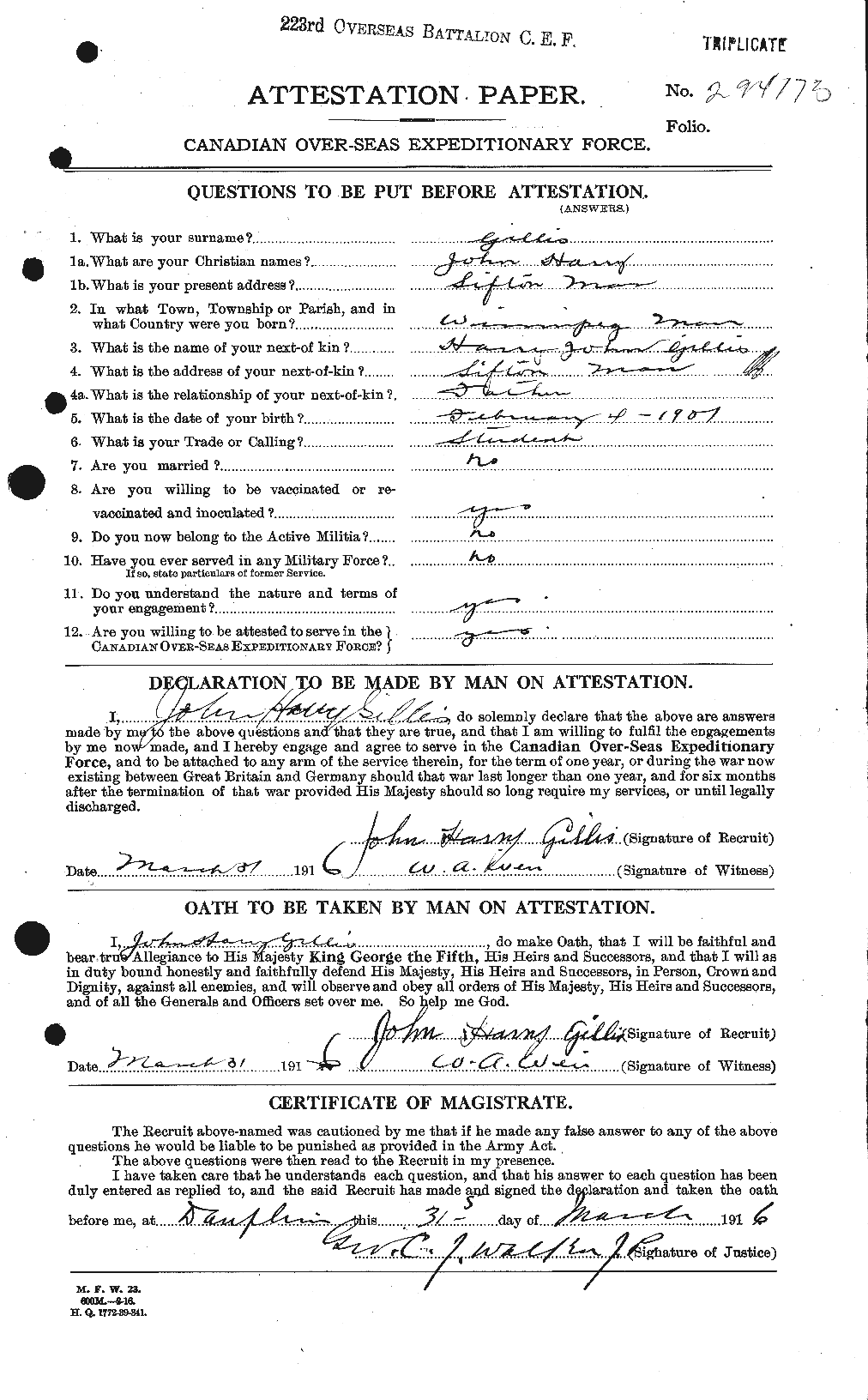 Dossiers du Personnel de la Première Guerre mondiale - CEC 348065a