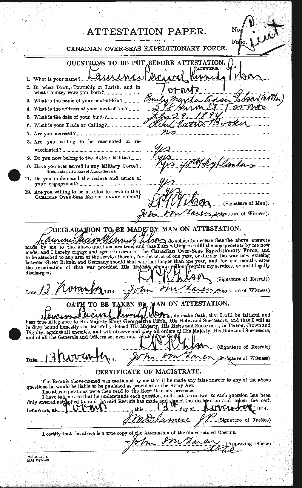 Dossiers du Personnel de la Première Guerre mondiale - CEC 350579a