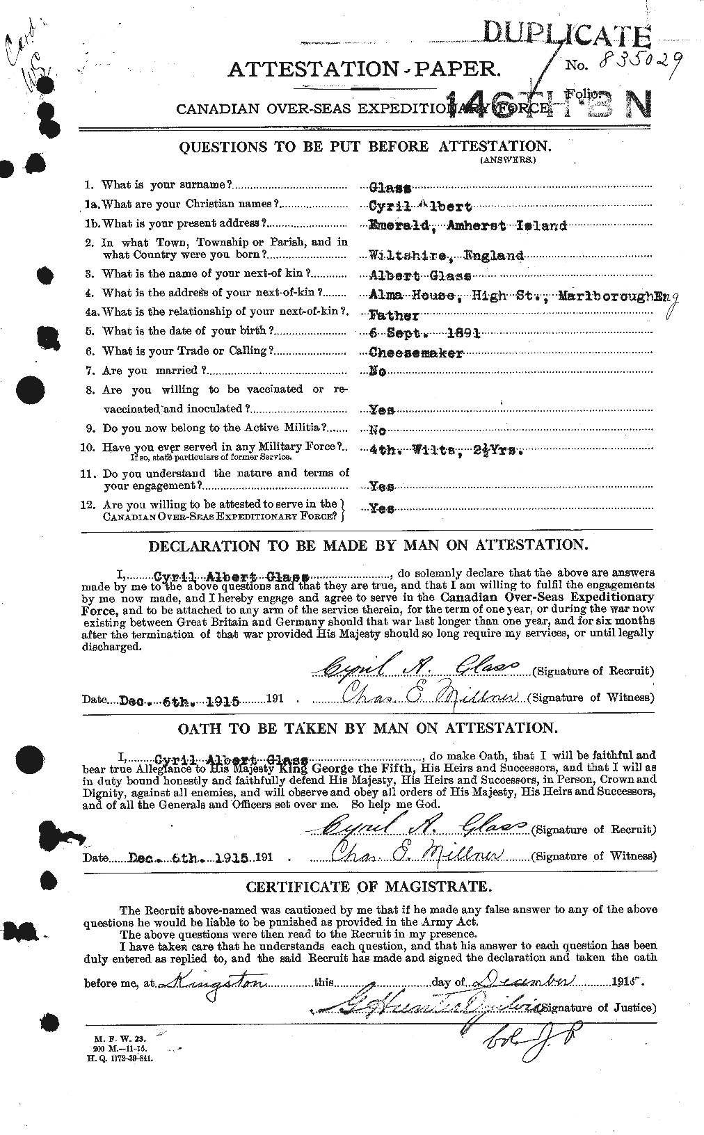Dossiers du Personnel de la Première Guerre mondiale - CEC 352033a