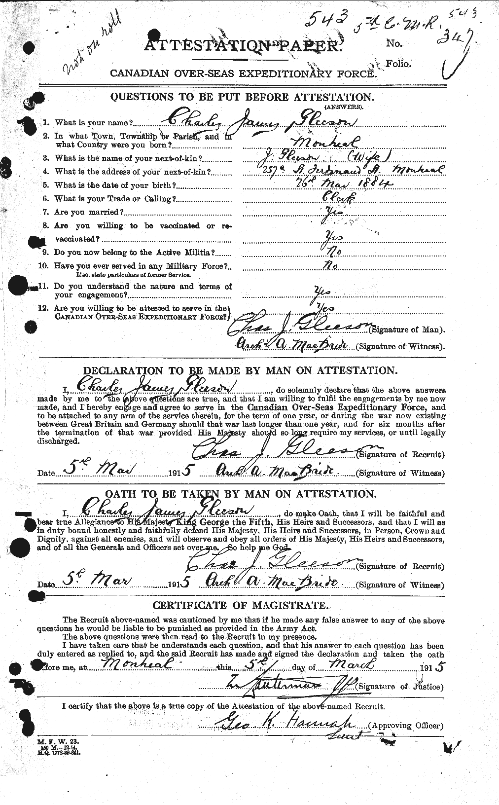 Dossiers du Personnel de la Première Guerre mondiale - CEC 352779a